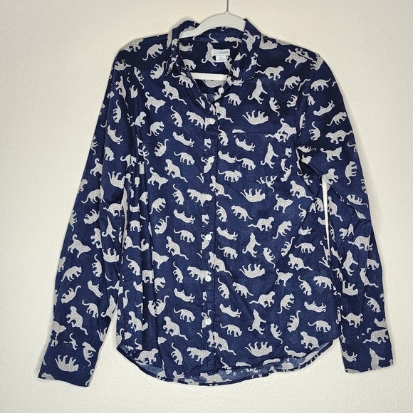 J by J. Crew Navy Cheetah Button Down Blouse M - Picture 2 of 6